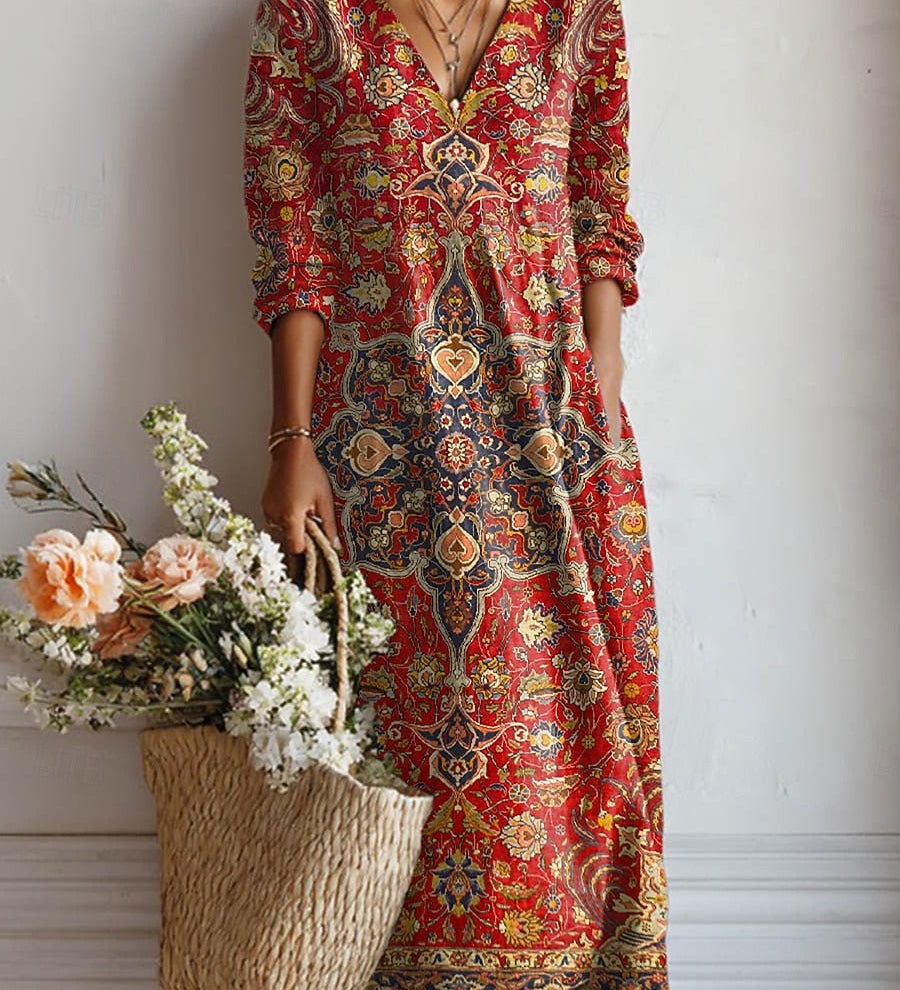 Diva daily comfort dress, V-neck, long sleeves, red paisley print midi length