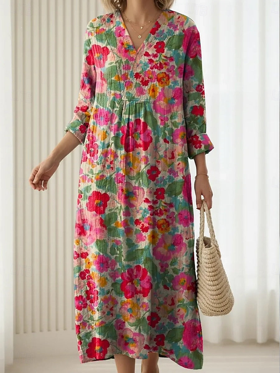 Floral comfort dress with long sleeves and gathered waist