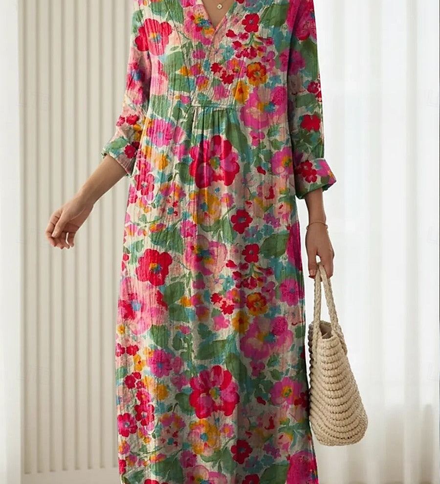 Floral comfort dress with long sleeves and gathered waist