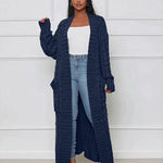 Navy long knit cardigan with open front and textured vertical ribbed pattern