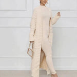 Women's long beige textured cardigan with open front and long sleeves