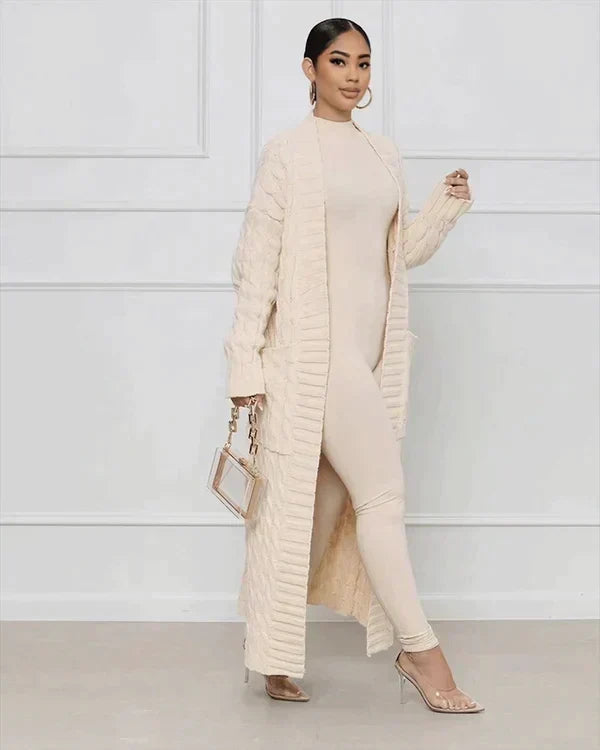 Women's long beige textured cardigan with open front and long sleeves