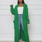 Women's long green textured cardigan with open front and long sleeves