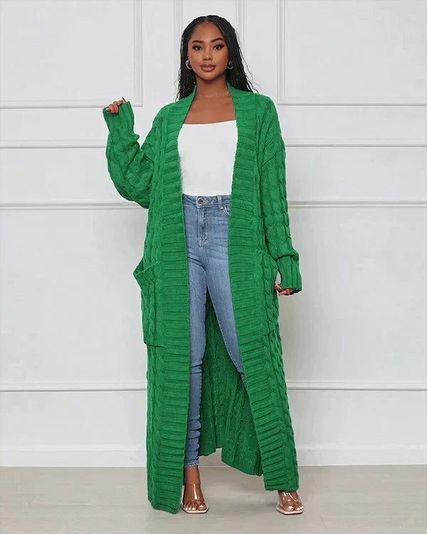 Women's long green textured cardigan with open front and long sleeves