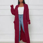 Burgundy long knit cardigan with open front and textured vertical ribbed pattern