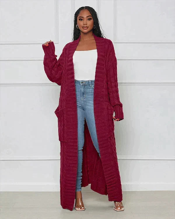 Burgundy long knit cardigan with open front and textured vertical ribbed pattern