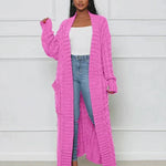 Women's long pink textured cardigan with open front and long sleeves