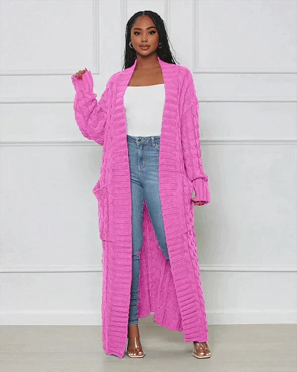 Women's long pink textured cardigan with open front and long sleeves