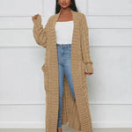 Women's long tan textured cardigan with open front and long sleeves