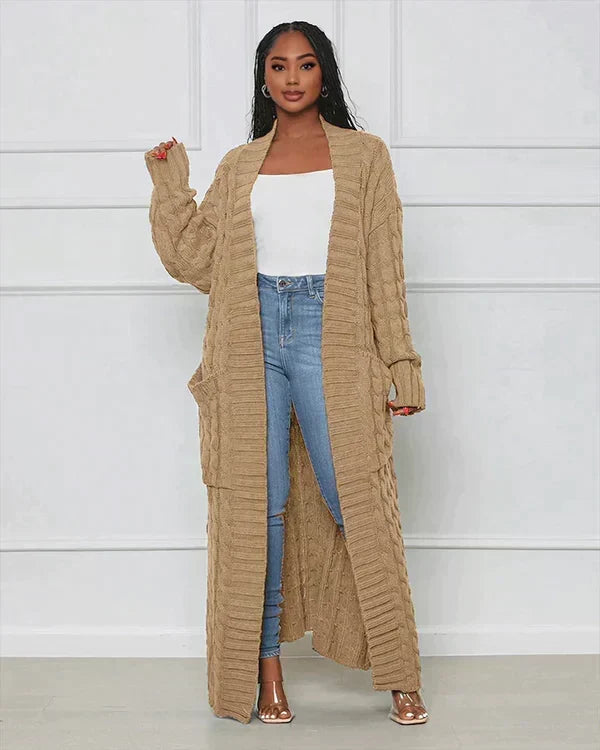 Women's long tan textured cardigan with open front and long sleeves