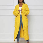 Women's yellow long cardigan with open front and textured vertical knit