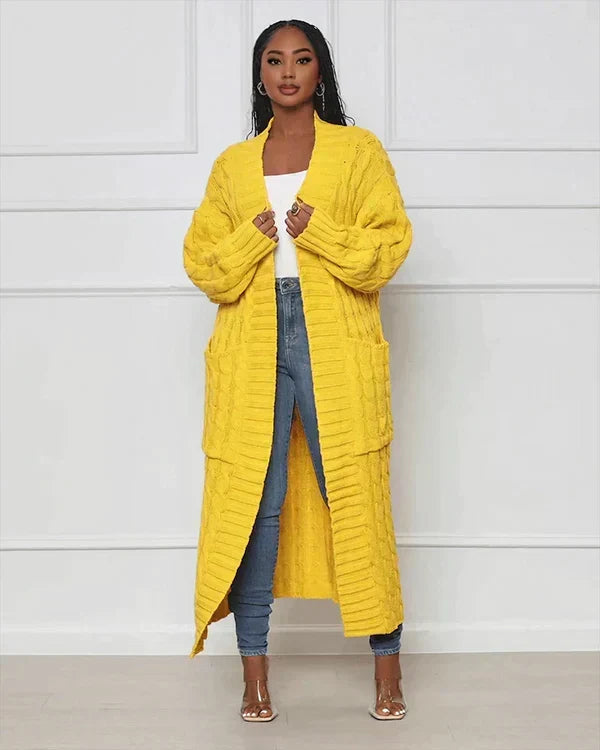 Women's yellow long cardigan with open front and textured vertical knit
