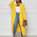 Women's long yellow ribbed knit cardigan with open front and long sleeves