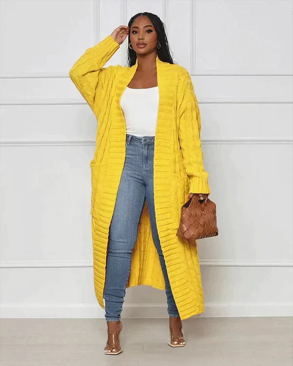 Women's long yellow ribbed knit cardigan with open front and long sleeves