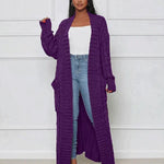 Purple long knit cardigan with open front and textured vertical ribbed pattern