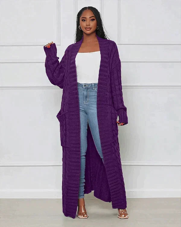 Purple long knit cardigan with open front and textured vertical ribbed pattern