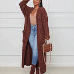 Brown long knit cardigan with open front and textured vertical ribbed pattern