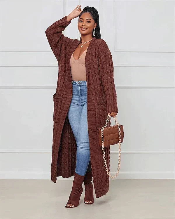 Brown long knit cardigan with open front and textured vertical ribbed pattern