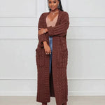Dark brown long knit cardigan with open front and textured vertical ribbed pattern