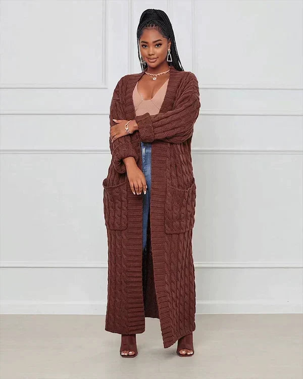 Dark brown long knit cardigan with open front and textured vertical ribbed pattern