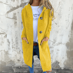 Yellow long cardigan with button-front and patch pockets, long sleeves.