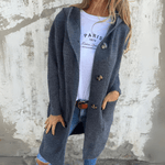 Dark gray long cardigan with button-front and long sleeves, patch pockets.