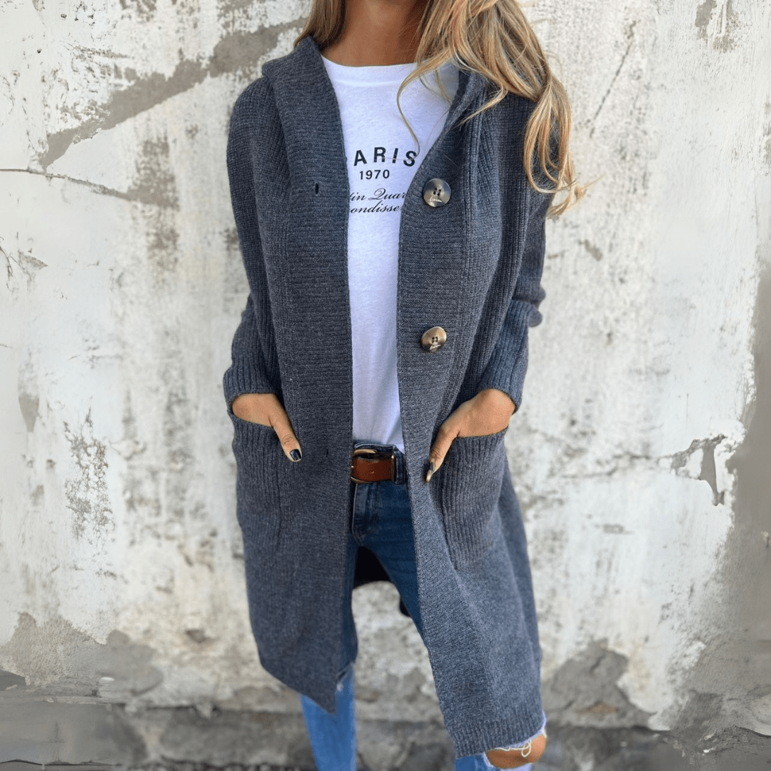 Dark gray long cardigan with button-front and patch pockets, draped open front.