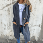 Dark gray long cardigan with button-front and patch pockets, draped open front.