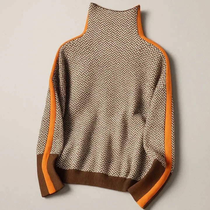 High-neck chevron sweater flat lay with orange trim and ribbed hem, long sleeves