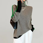 High-neck chevron sweater with green contrast trim, ribbed hem and long sleeves