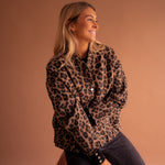 Leopard-print button-front jacket with stand collar and long sleeves
