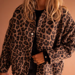Leopard-print button-front jacket with stand collar and long sleeves