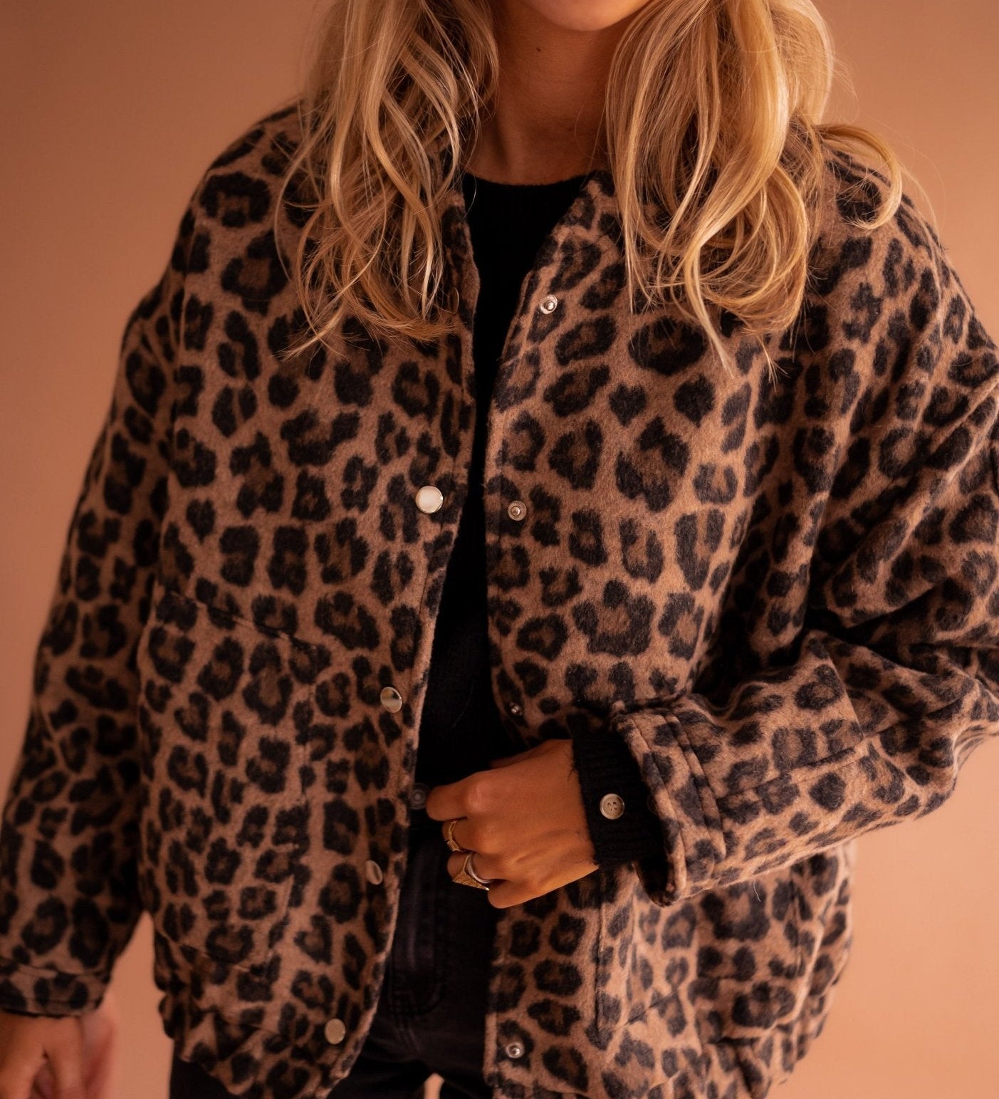 Leopard-print button-front jacket with stand collar and long sleeves