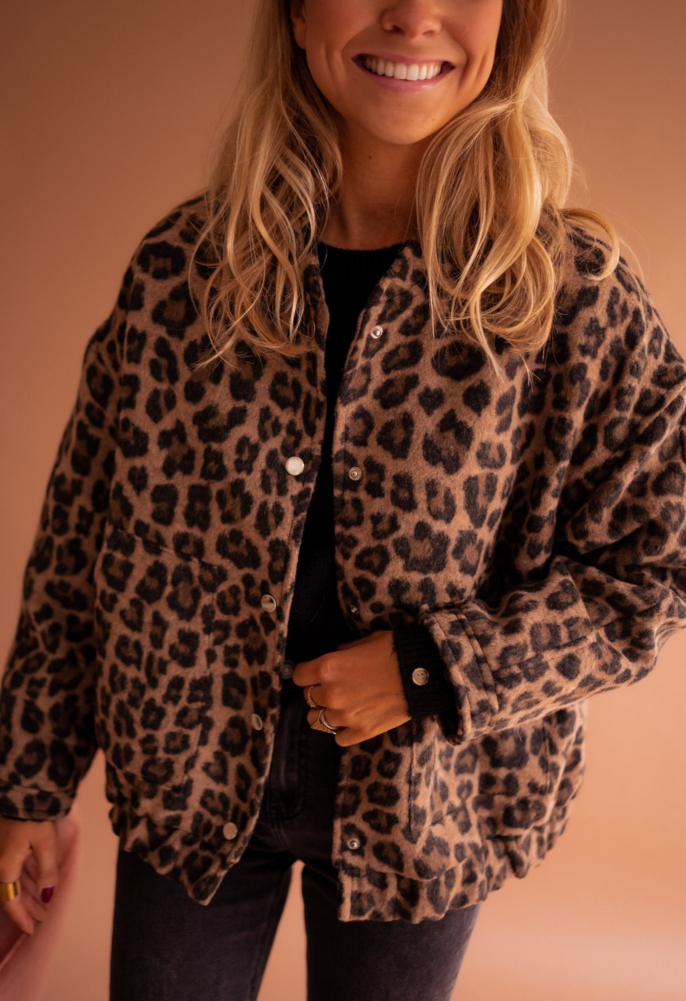 Leopard-print button-front jacket with stand collar and long sleeves