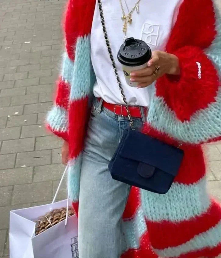 Striped fuzzy long cardigan with red and light blue bands and open-front design