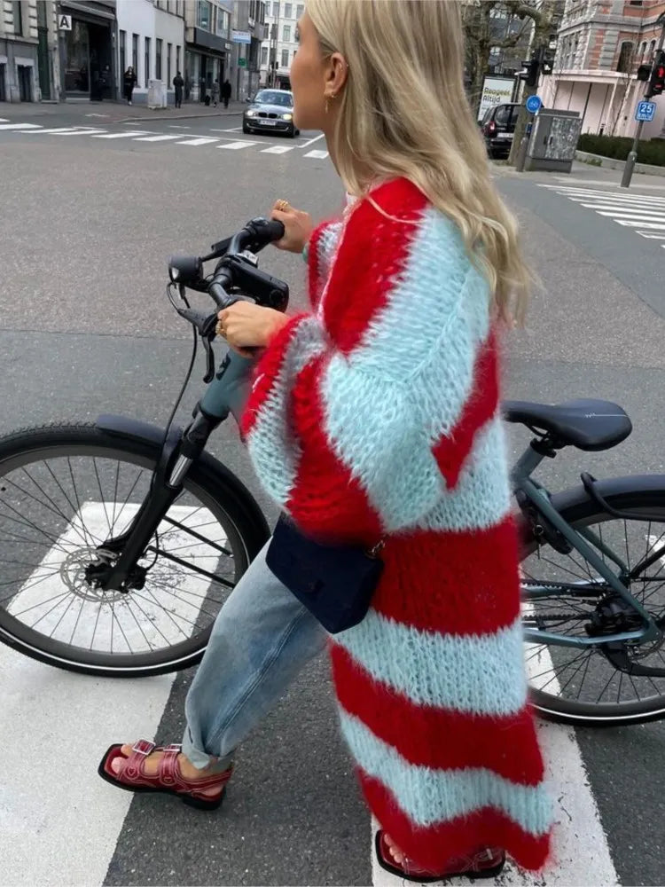 Oversized long striped cardigan with red, light blue, and white chevron bands