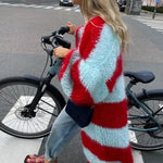 Oversized long striped cardigan with red, light blue, and white chevron bands