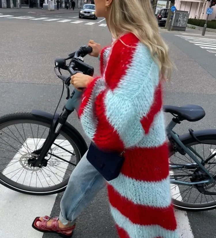 Oversized long striped cardigan with red, light blue, and white chevron bands