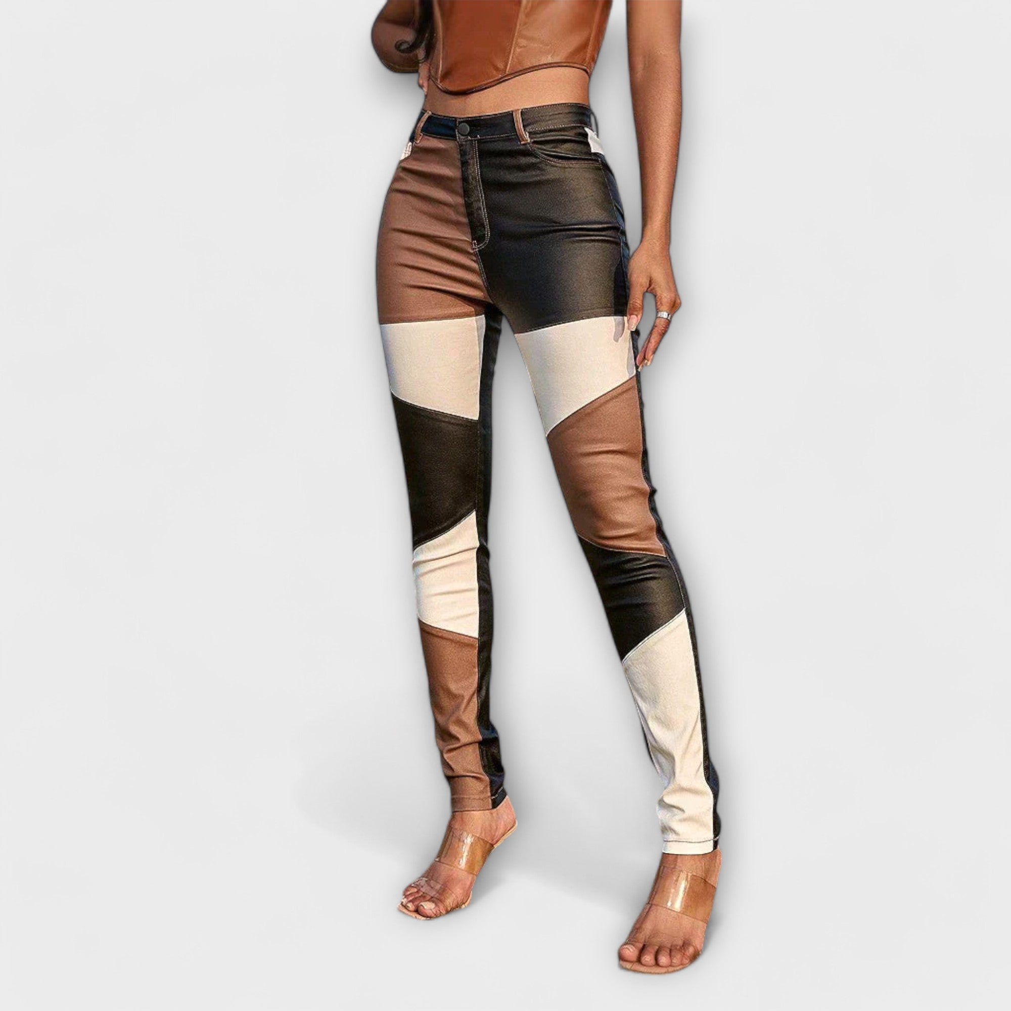 Kalopi color-block textile pants in brown, black, and beige with slim fit