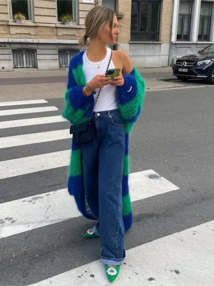 Oversized long striped cardigan in blue and green fuzzy bands with open-front styling