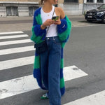 Oversized long striped cardigan in blue and green fuzzy bands with open-front styling