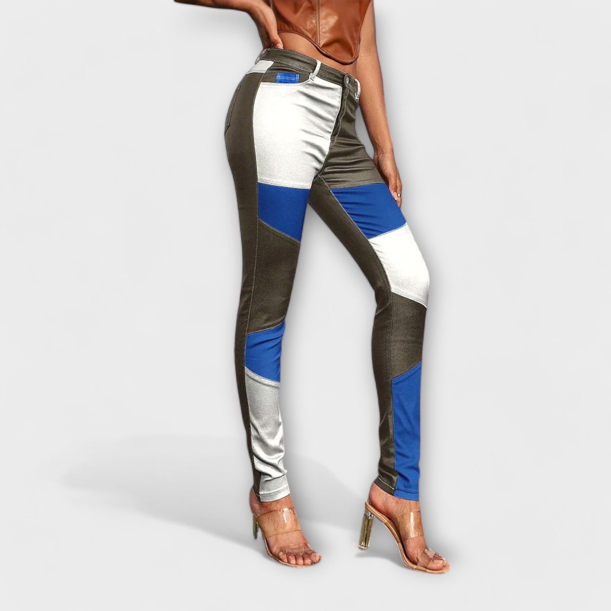 Kalopi color-block textile pants in blue, gray, and white with slim fit
