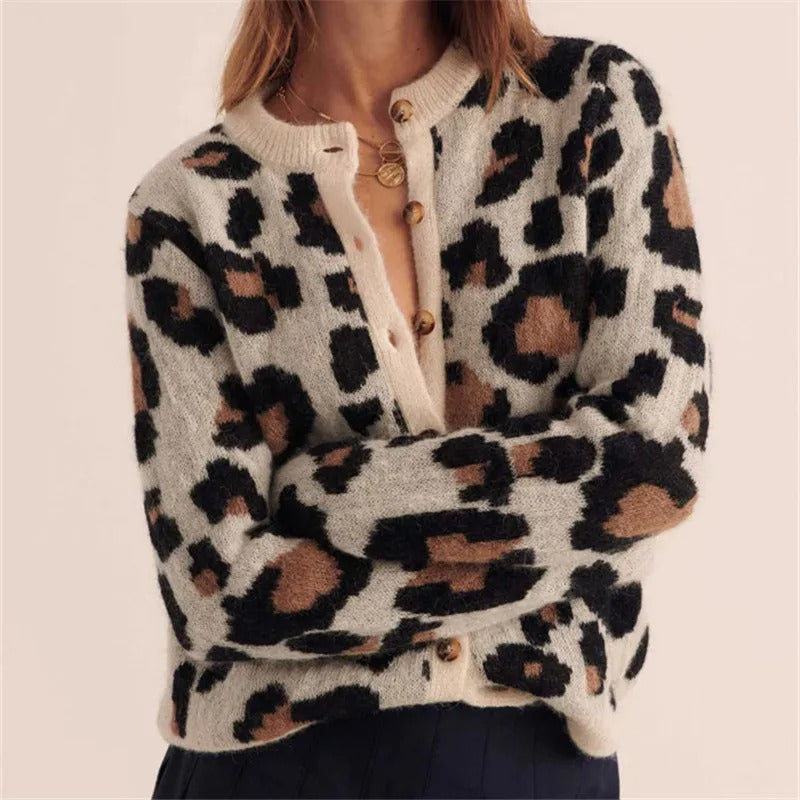Leopard print knit cardigan sweater with button front, cream base and dark spotted pattern