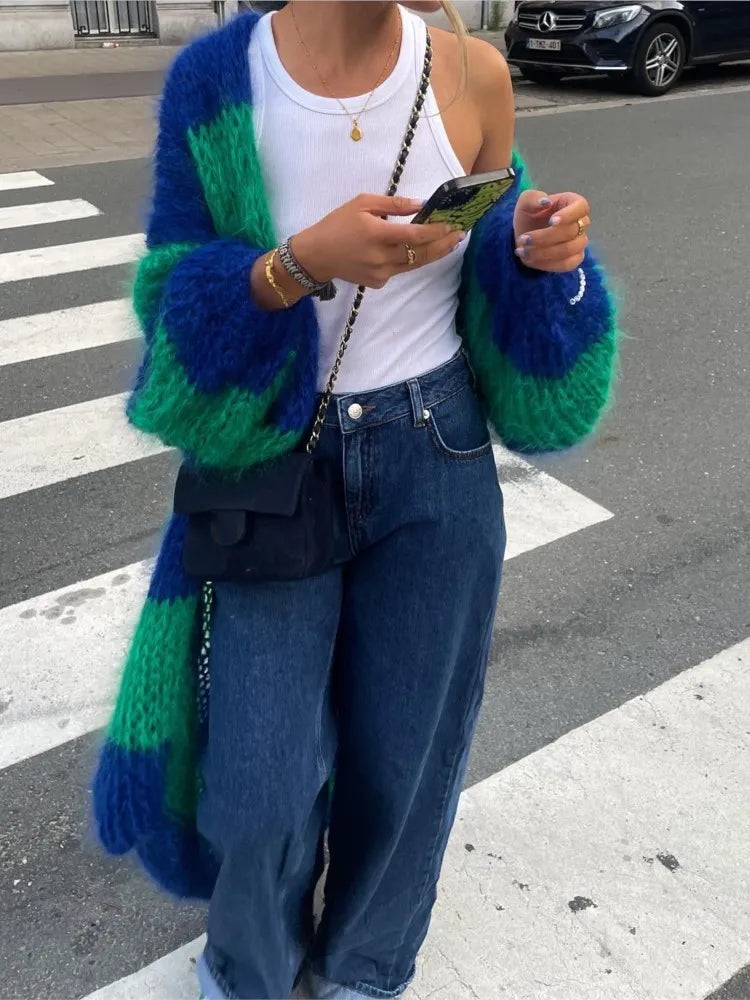 Oversized long striped cardigan in teal green and blue with fuzzy open front