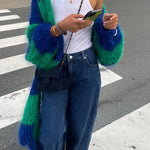 Oversized long striped cardigan in teal green and blue with fuzzy open front