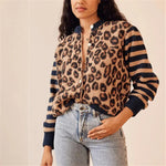 Leopard print knit cardigan sweater with navy-striped sleeves and button front