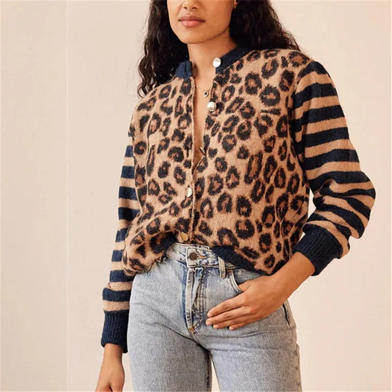 Leopard print knit cardigan sweater with navy-striped sleeves and button front