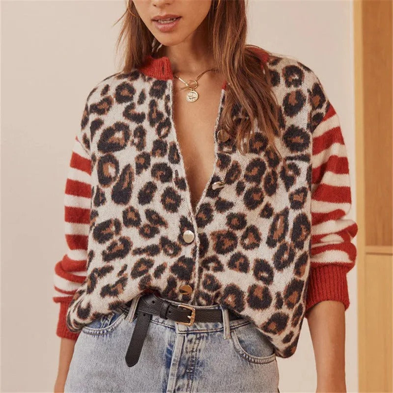 Leopard print knit cardigan with red-striped sleeves and button front