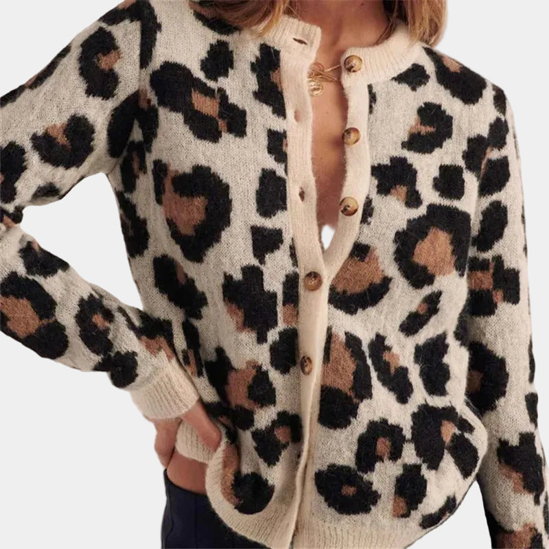 Leopard print knit cardigan sweater with button front, cream base and dark spots