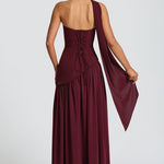 Women’s burgundy strapless maxi dress with corset bodice and tiered skirt